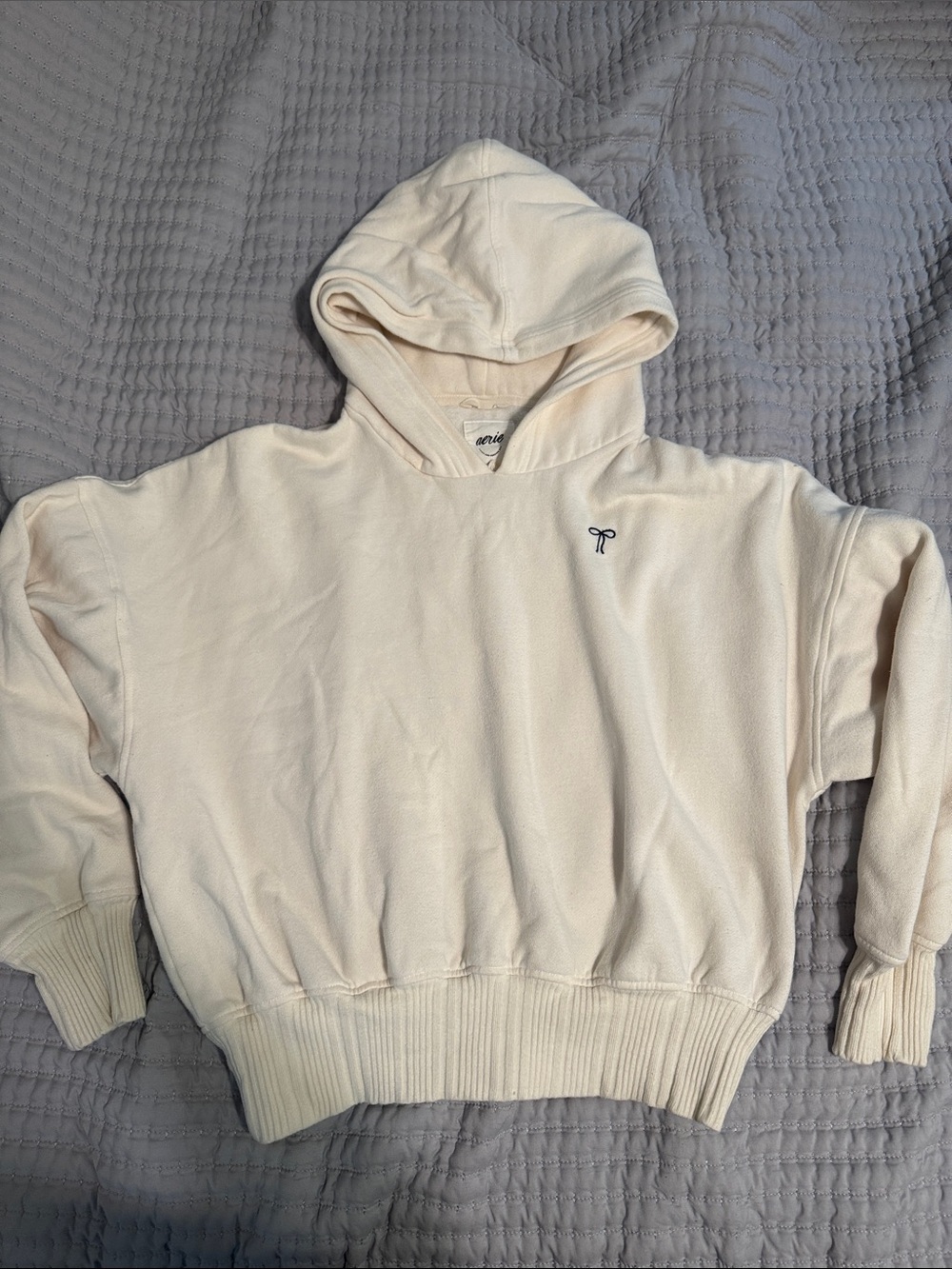 aerie Cream Pullover Hoodie with Small Blue Bow